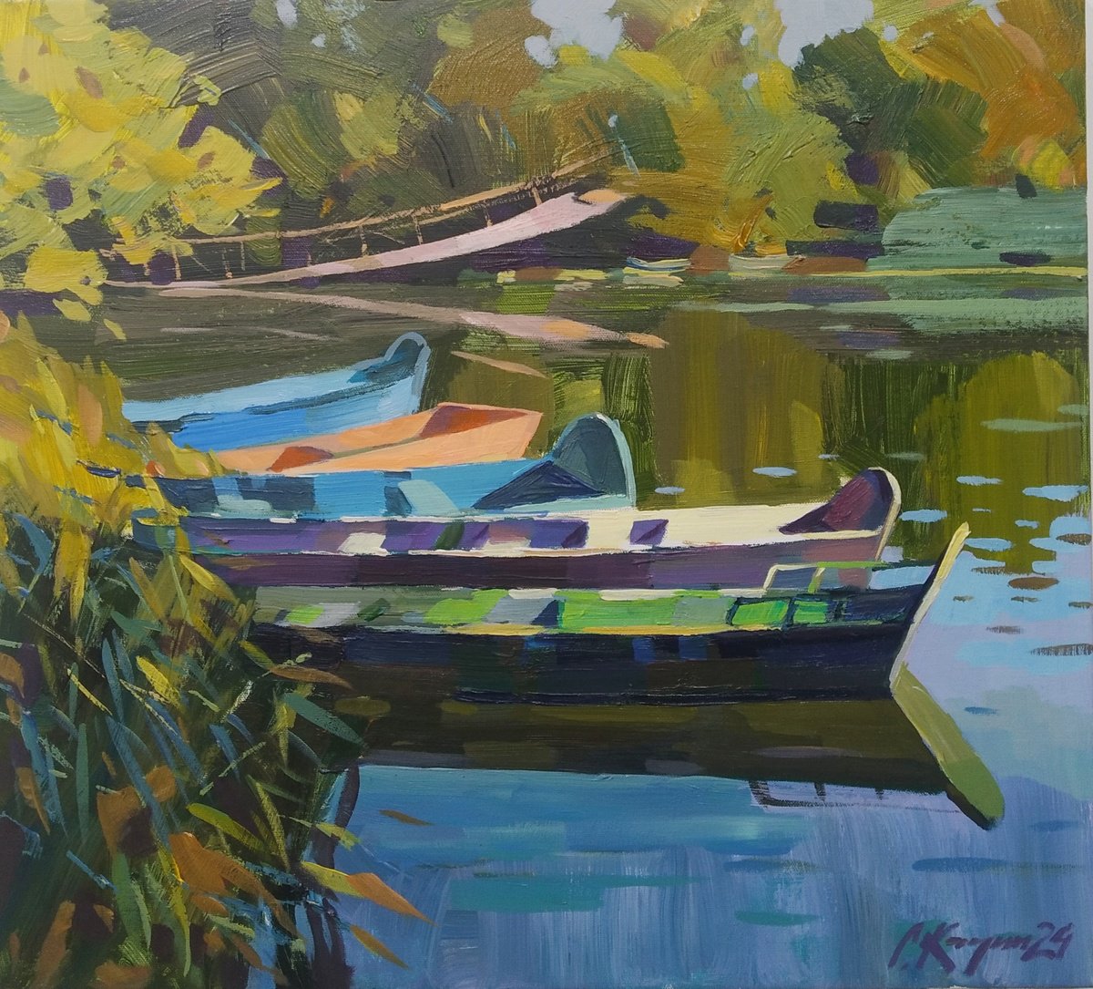 Impressionistic Landscape Acrylic Painting By Sergey Kachin, 22 X 20", At The Old Bridge, Original Artwork