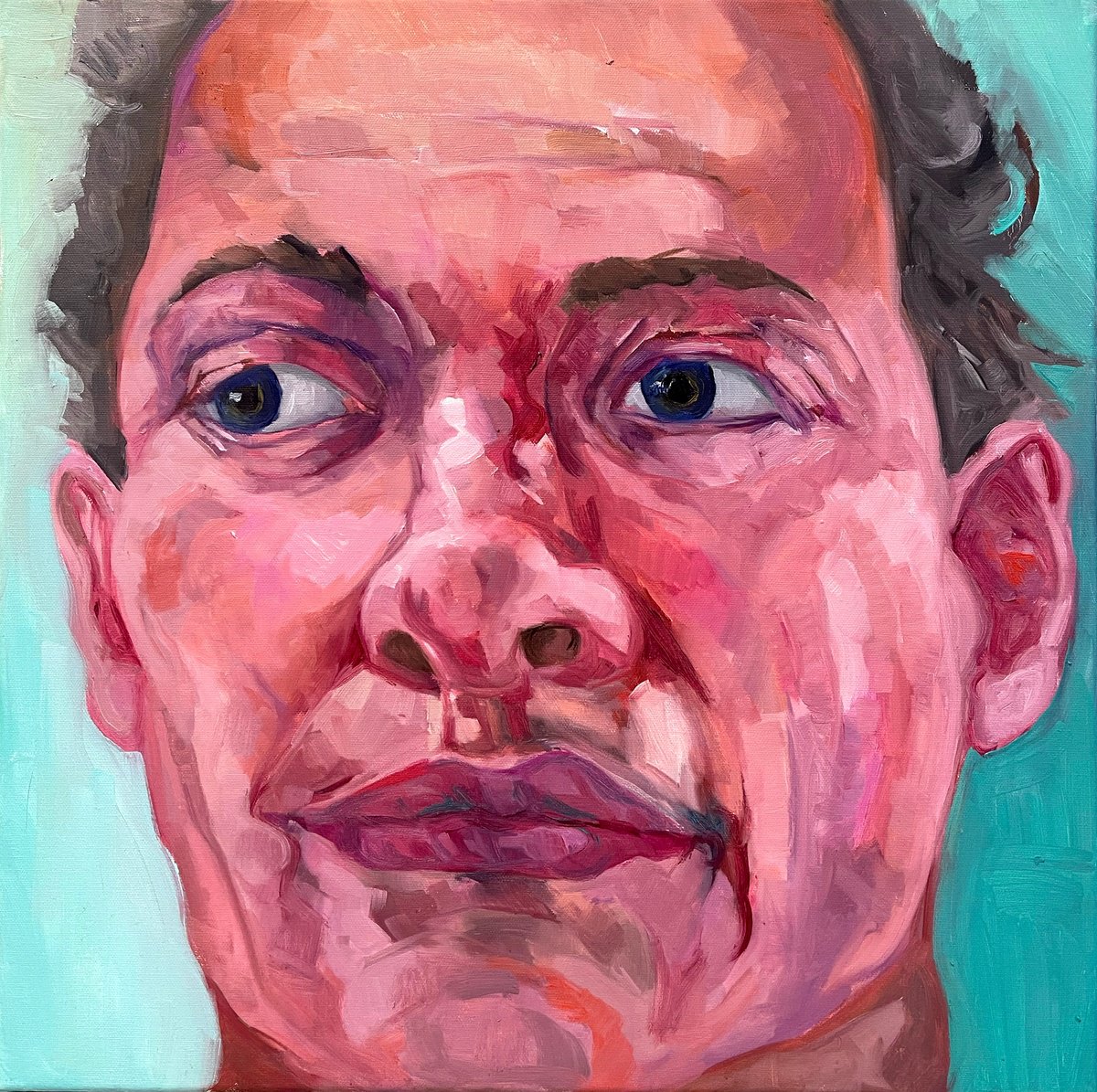 Expressive Portrait Oil Painting By Ulli Schmitt, 20 X 20", Dating Is Not Mine_50*50, Original Artwork