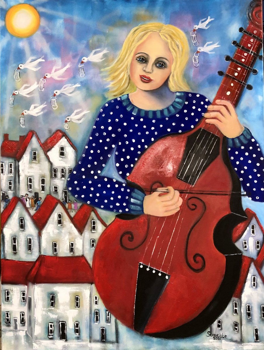 Naive Cityscapes Oil Painting By Suzette Datema, 30 X 39", The Song Spread All Over The World, Original Artwork