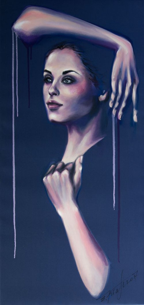 "In your shirt '",Original acrylic painting on hand stratched fabric 50x105x2cm from serie " Blue dimension" by Elena Kraft