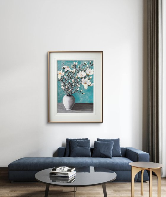 Big size White magnolia in vase