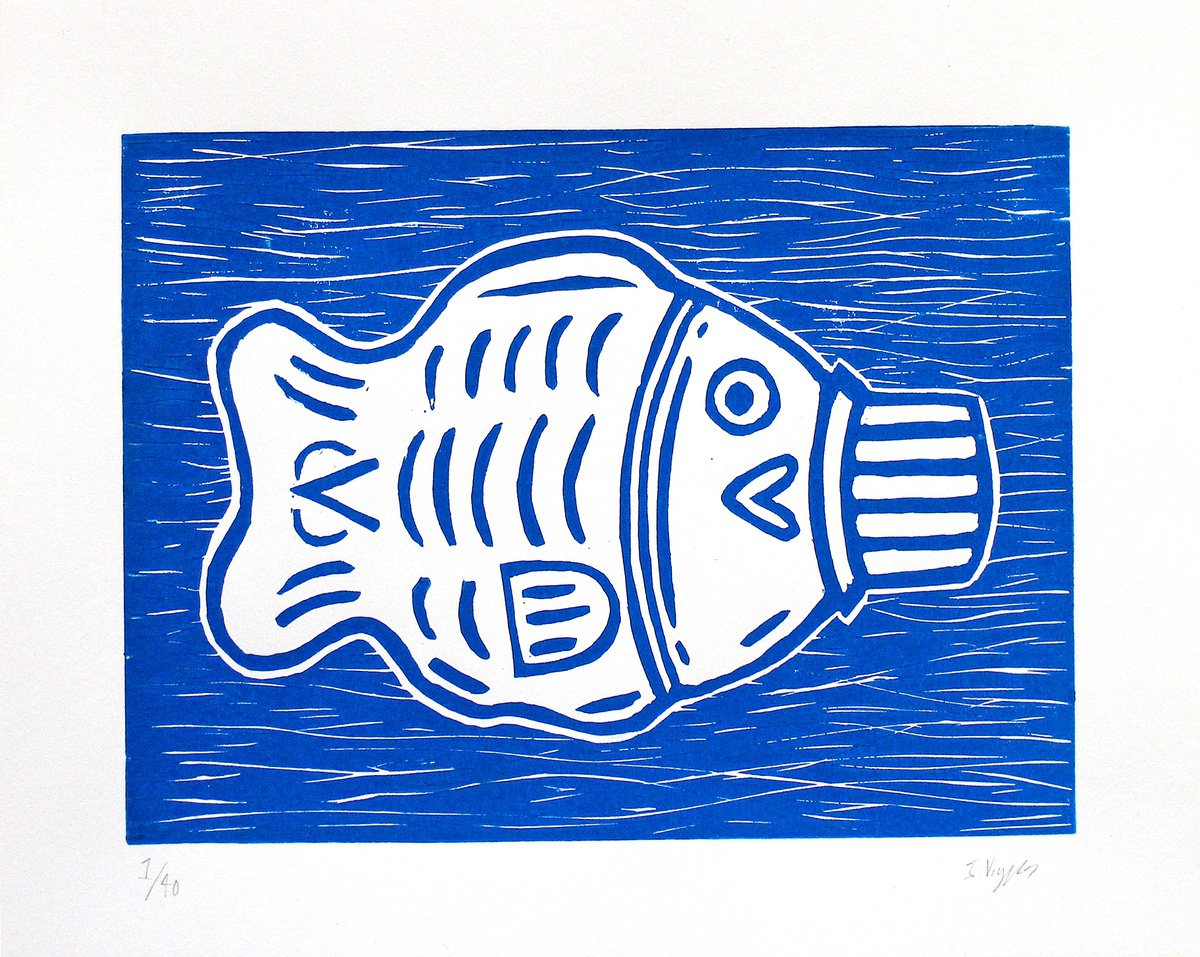 Graphic Still Life Linocut By Ian Viggars, 10 X 8, Soy Sauce Fish In Water, Original Artwork
