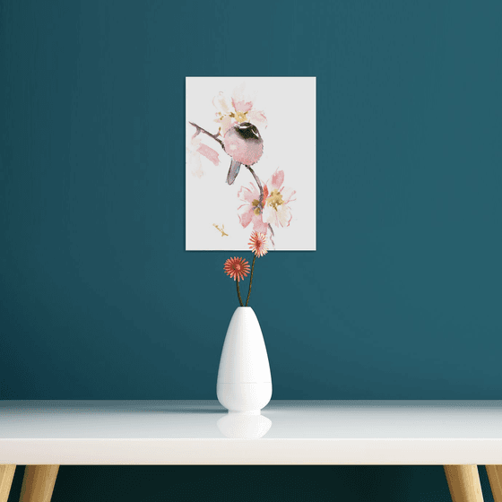 Fluffy Chickadee and Spring Flowers