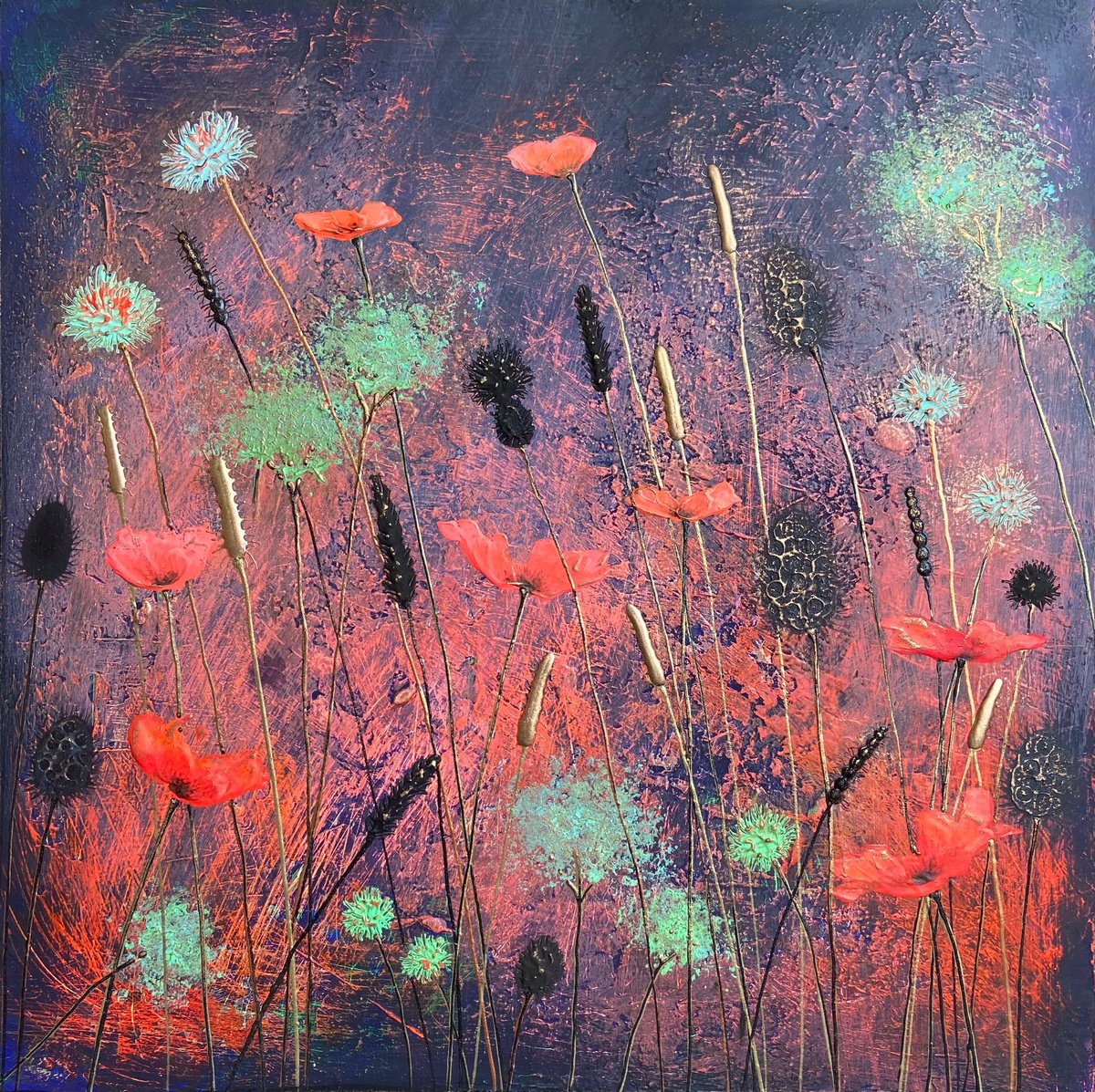 Expressive Botanical Acrylic Painting By Jo Starkey, 13 X 13, Miniature Meadow 6, Original Artwork