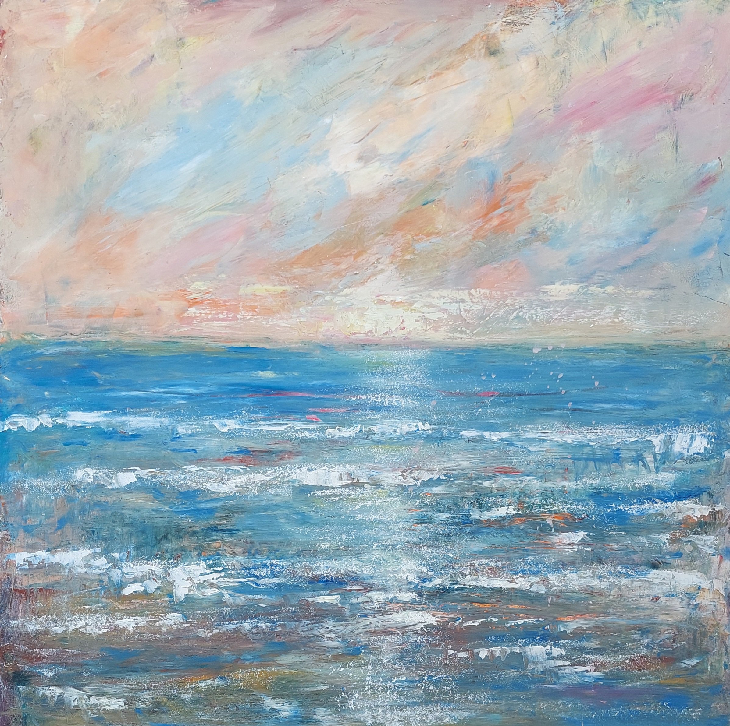 Impressionistic Landscape Painting By Els Driesen, 24 X 24, Clouds Above Sea, Original Artwork
