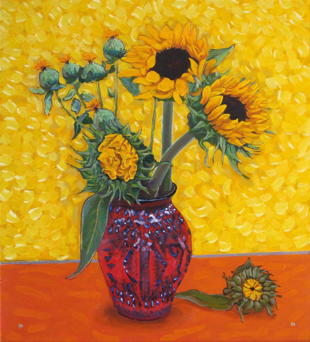 Botanical Oil Painting By Richard Gibson, 20 X 22", Sunflowers In A Red Vase, Original Artwork