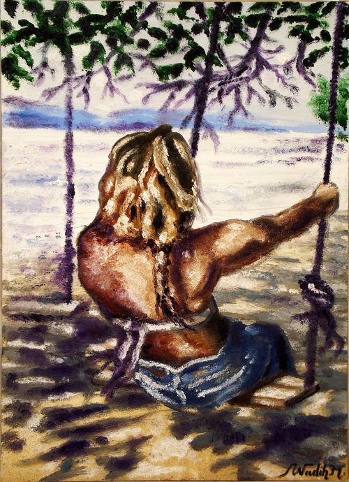SEASIDE GIRL - SWINGING IN SHADOWS - Thick oil painting - 30x42cm by Wadih Maalouf