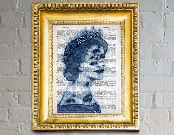 Queen Elizabeth II - The Eyes Of Queen - Collage Art on Large Real English Dictionary Vintage Book Page