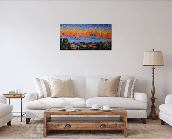 Original large oil painting Sunset in mountains High Tatras, Slovakia