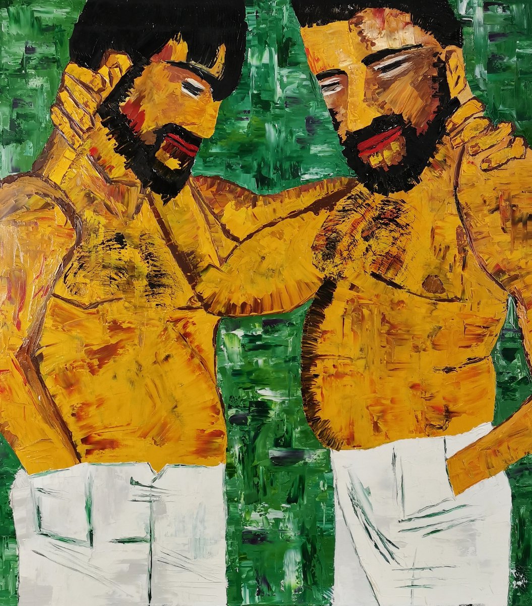 Impressionistic Portrait Oil Painting By Gurgen Arutunyan, 35 X 39, Two. History In Green, Original Artwork