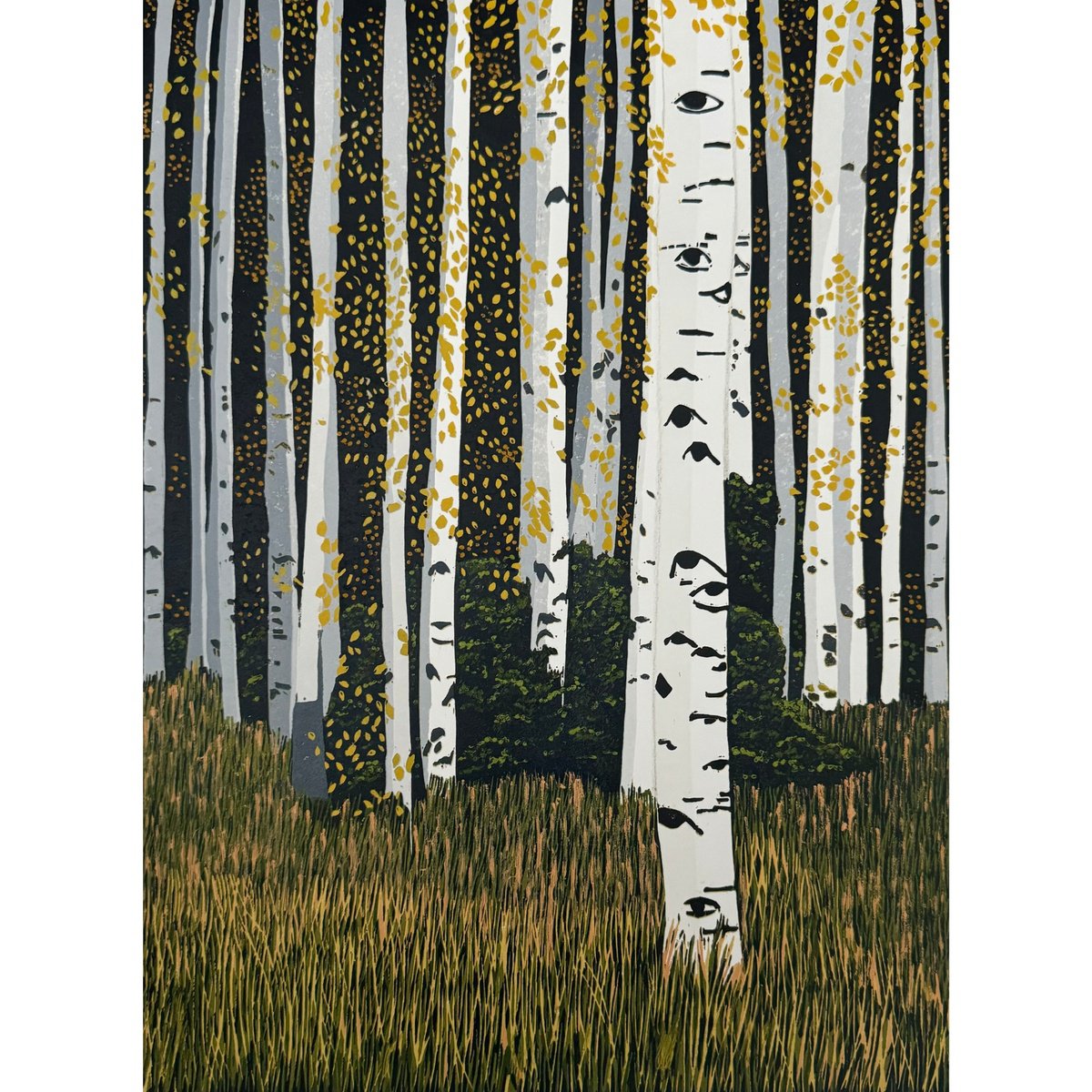 Impressionistic Landscape Linocut By Joanne Spencer, 12 X 15, Points Of Gold, Original Artwork