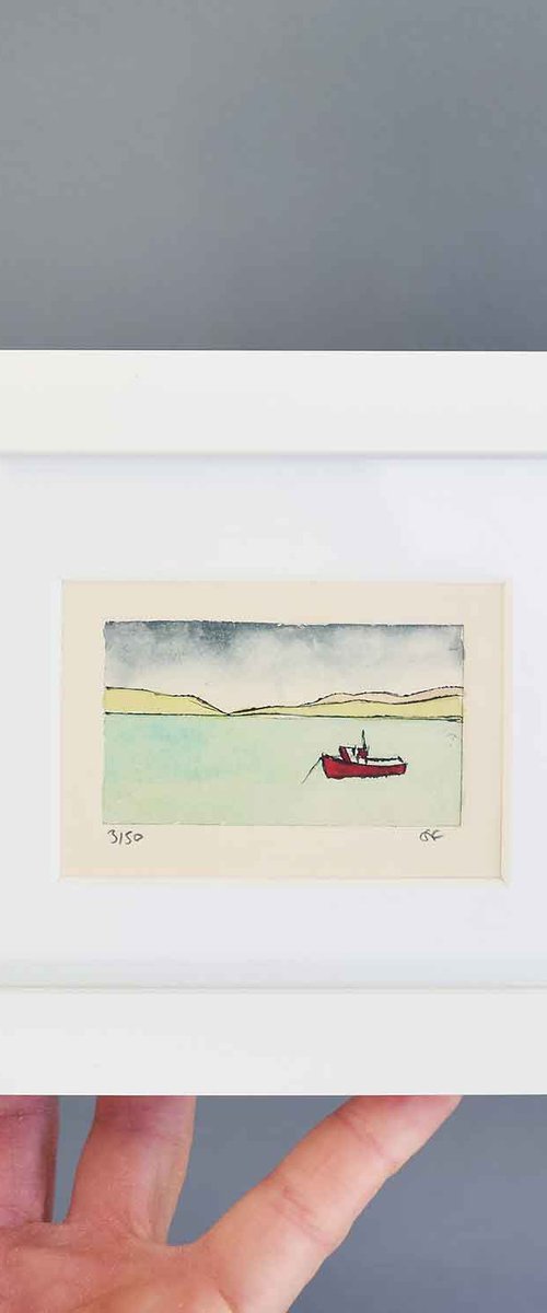 Small framed red fishing boat by Sally Fisher