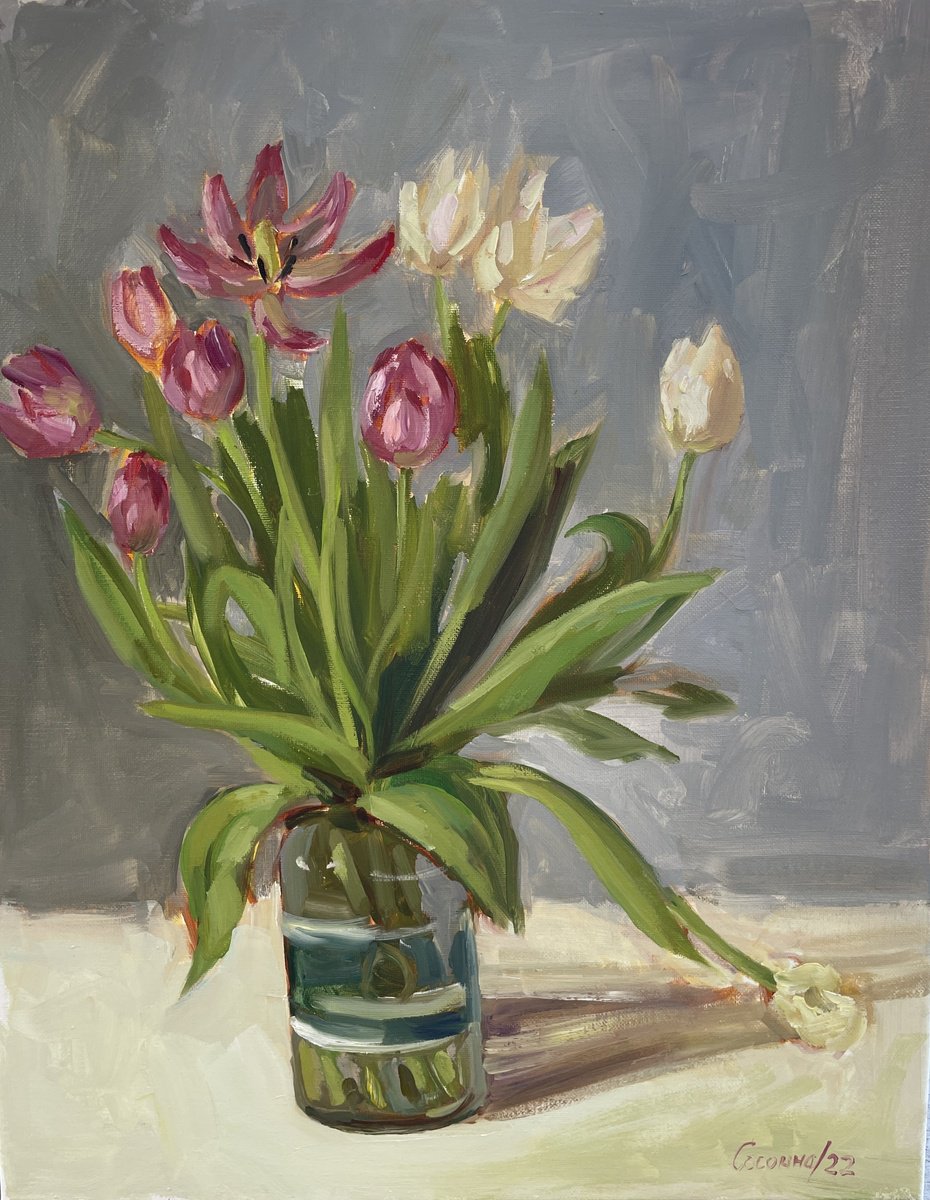 Impressionistic Botanical Oil Painting By Kate Sosonna, 16 X 20", White And Pink Tulips, Original Artwork