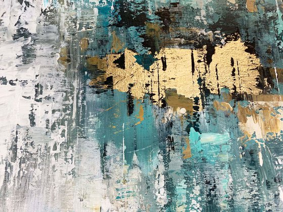 Mint Veil - Abstract Painting 60" x 40" Large Abstract Gold Leaf Soft Colors White Gray Painting