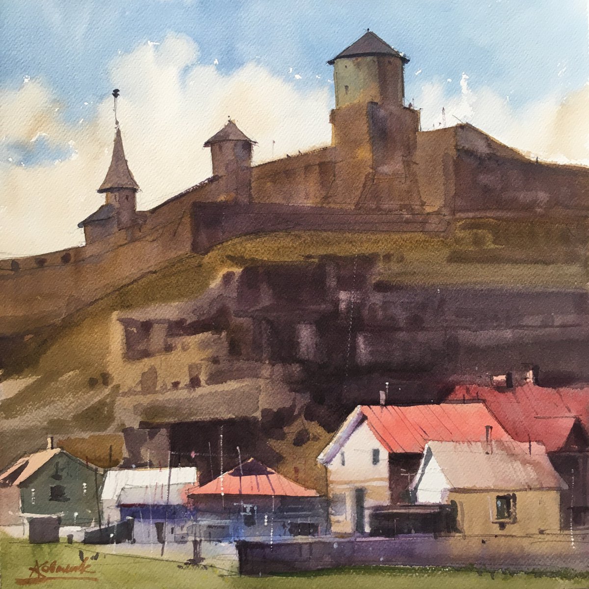 Impressionistic Cityscapes Watercolour By Andrii Kovalyk, 15 X 15, Kamyanets-Podilsky Fortress, Original Artwork
