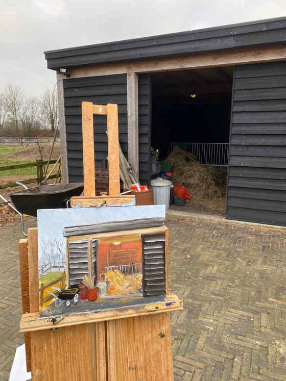 Donkeys in the barn. Plein Air