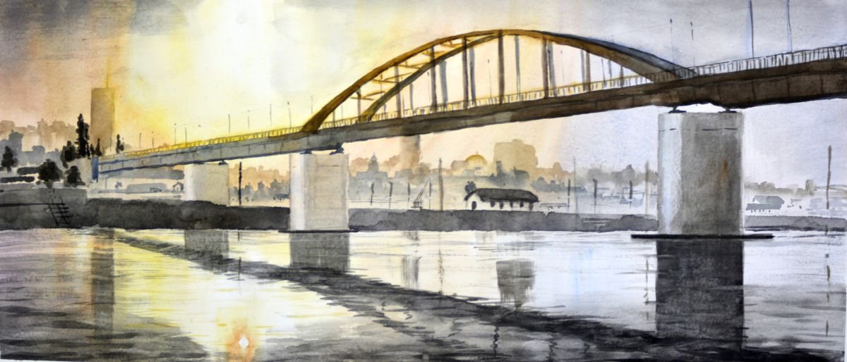 Morning above old bridge, Belgrade - original watercolor painting by Nenad Kojic by Nenad Kojic watercolorist