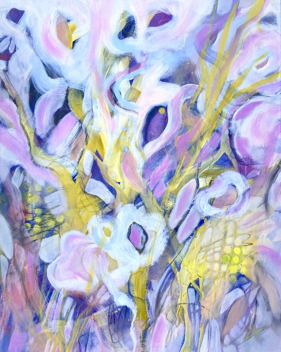 21- large format acrylic painting, pink yellow, abstract bouquet flowers, birthday, for her