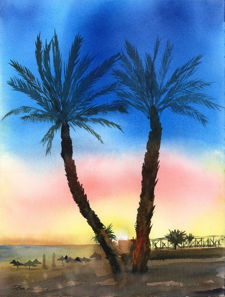 Expressive Landscape Watercolour By Olga Tchefranov (Shefranov), 11 X 15", Sunset Palms By The Sea, Original Artwork