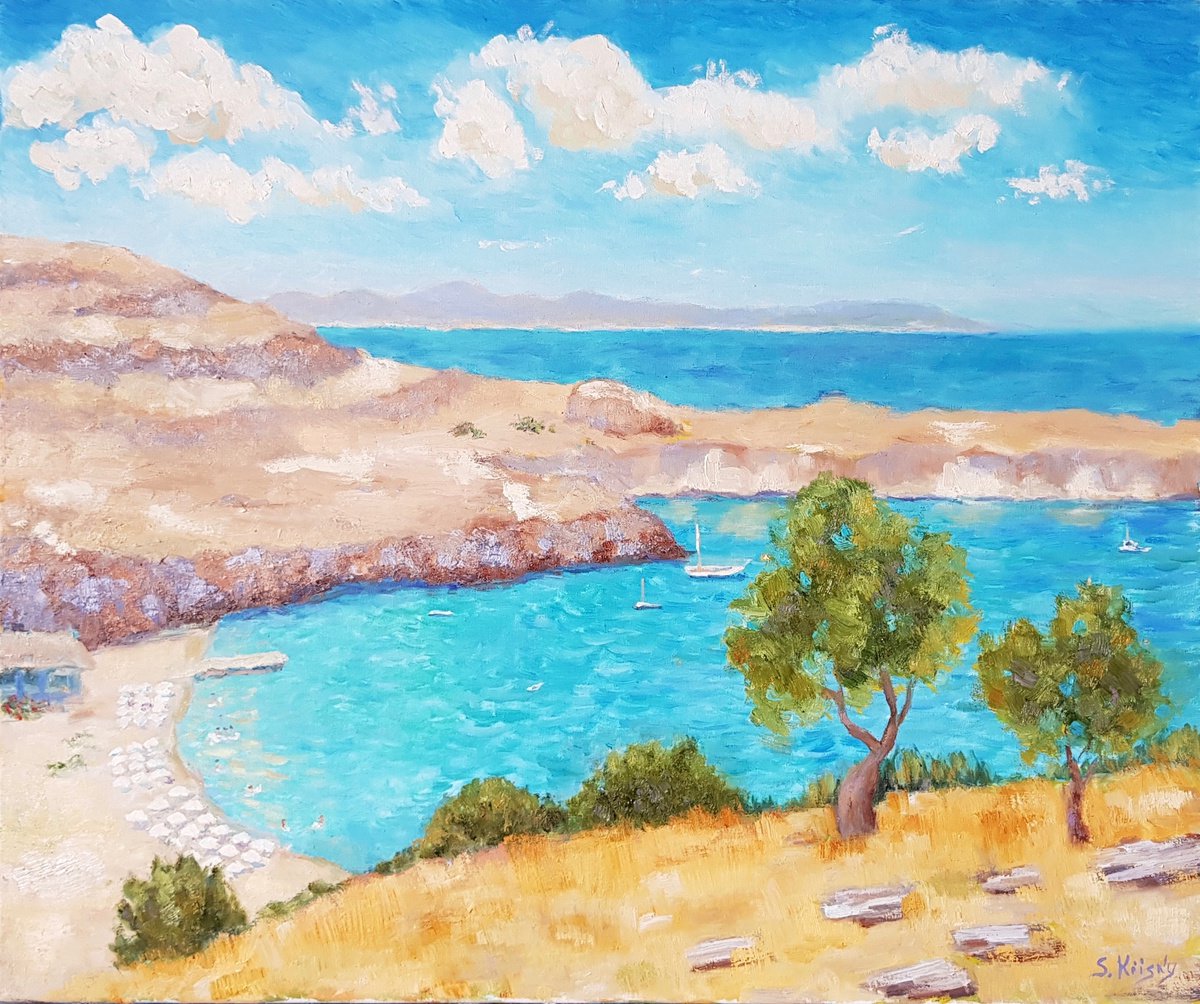 Impressionistic Landscape Oil Painting By Svetlana Grishkovec-Kiisky, 24 X 20", Rhodes. View To The Beach Of Lindos, Artfinder
