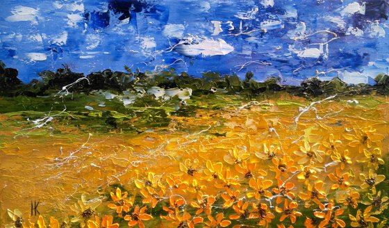 Ukraine Painting Landscape Original Art Sunflower Field Oil Impasto Artwork Ukrainian Sky Home Wall Art 20 by 12 inches