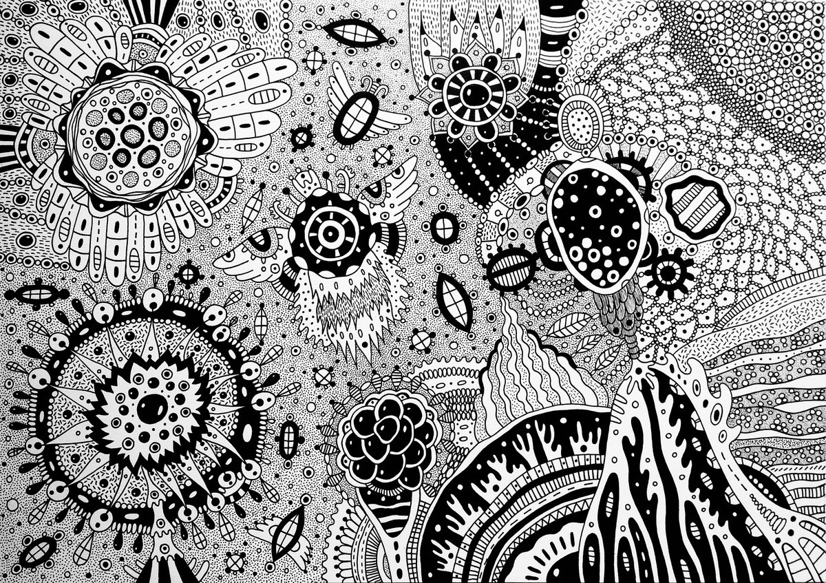 Surrealistic Botanical Ink Drawing By Veronika Demenko, 17 X 11", Other Worlds N.6 - Fantasy Meadow, Original Artwork