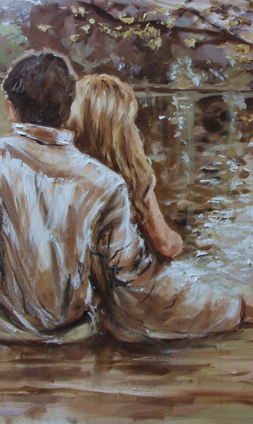 " OUR SECRET PLACES ... "- 100 x 70 cm AUTUMN LAKE SKY liGHt  valentines day couple ORIGINAL OIL PAINTING, GIFT, PALETTE KNIFE by Monika Luniak
