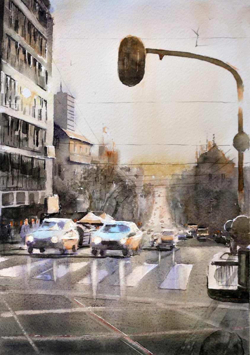 Sunset at Kneza Milosa Belgrade 25x36 cm 2024 by Nenad Kojic watercolorist