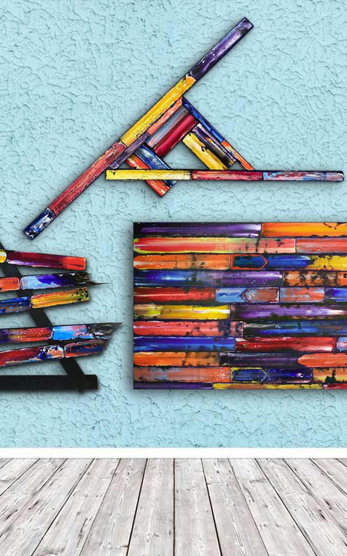 "Going Out With A Bang" - Save As A Series - Original PMS Sculptural Mixed Media Painting Assemblage Triptych On Wooden Panels and Wooden Fragments - 81 x 54 inches by Preston M. Smith (PMS)
