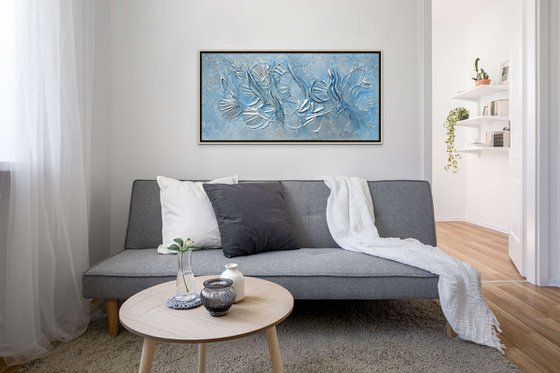 BEACH DREAM. Abstract Blue, Silver Textured 3D Art, Coastal Painting