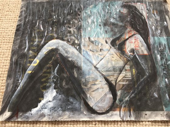 Rain II Woman Portrait Rain Scene Beautiful Original Artwork Water Art Black and White Art For Sale Buy Art Now Free Delivery 37x29cm Newspaper Painting