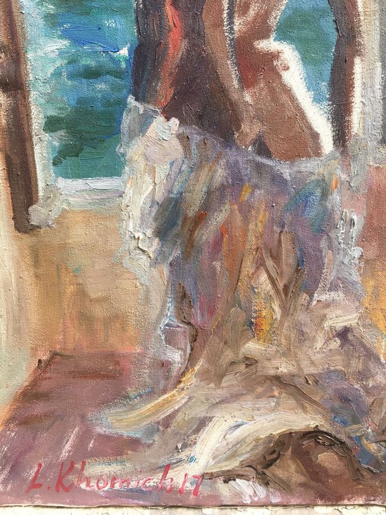Nude oil painting Girl looking at the window view 28", impression nude painting, handmade art, Free Shipping
