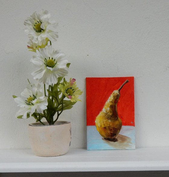 Pear. Small painting. Still life, 10x15cm