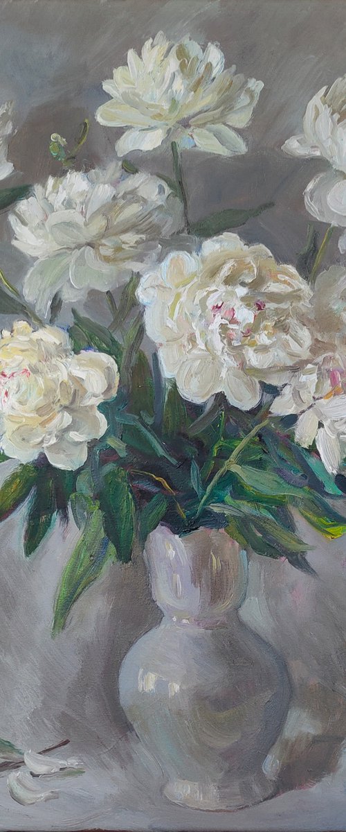 White peonies on a silver background by Viktor Mishurovskiy