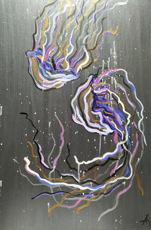 Dance in the ocean - acrylic painting, jellyfish, jellyfish painting, oil painting, animals, life of jellyfish, sea, ocean by Anastasia Kozorez