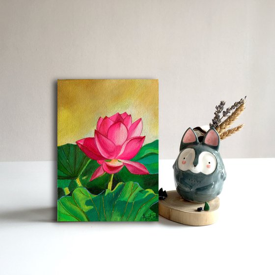 Sunkissed pink lotus! Small ready to hang painting