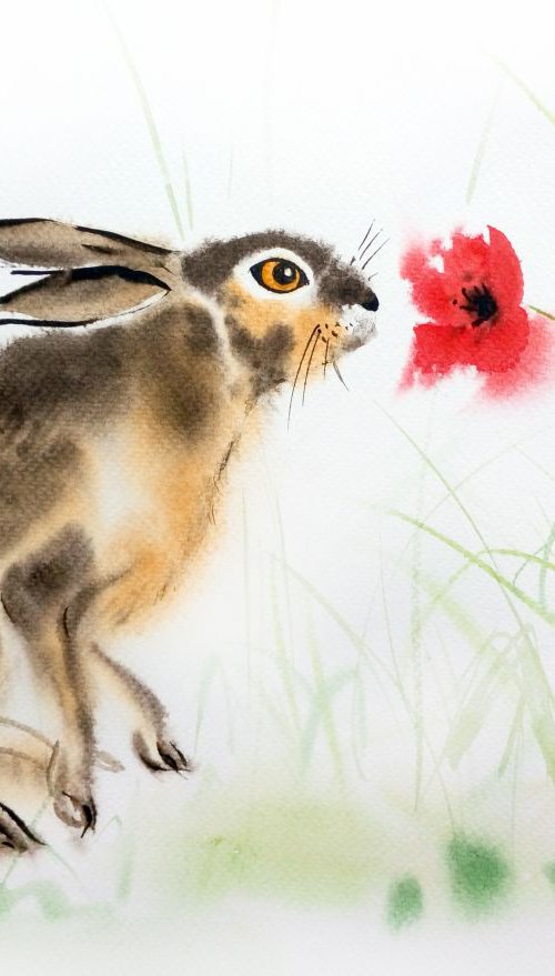 Bunny Smelling Flowers. Easter by Olga Beliaeva Watercolour