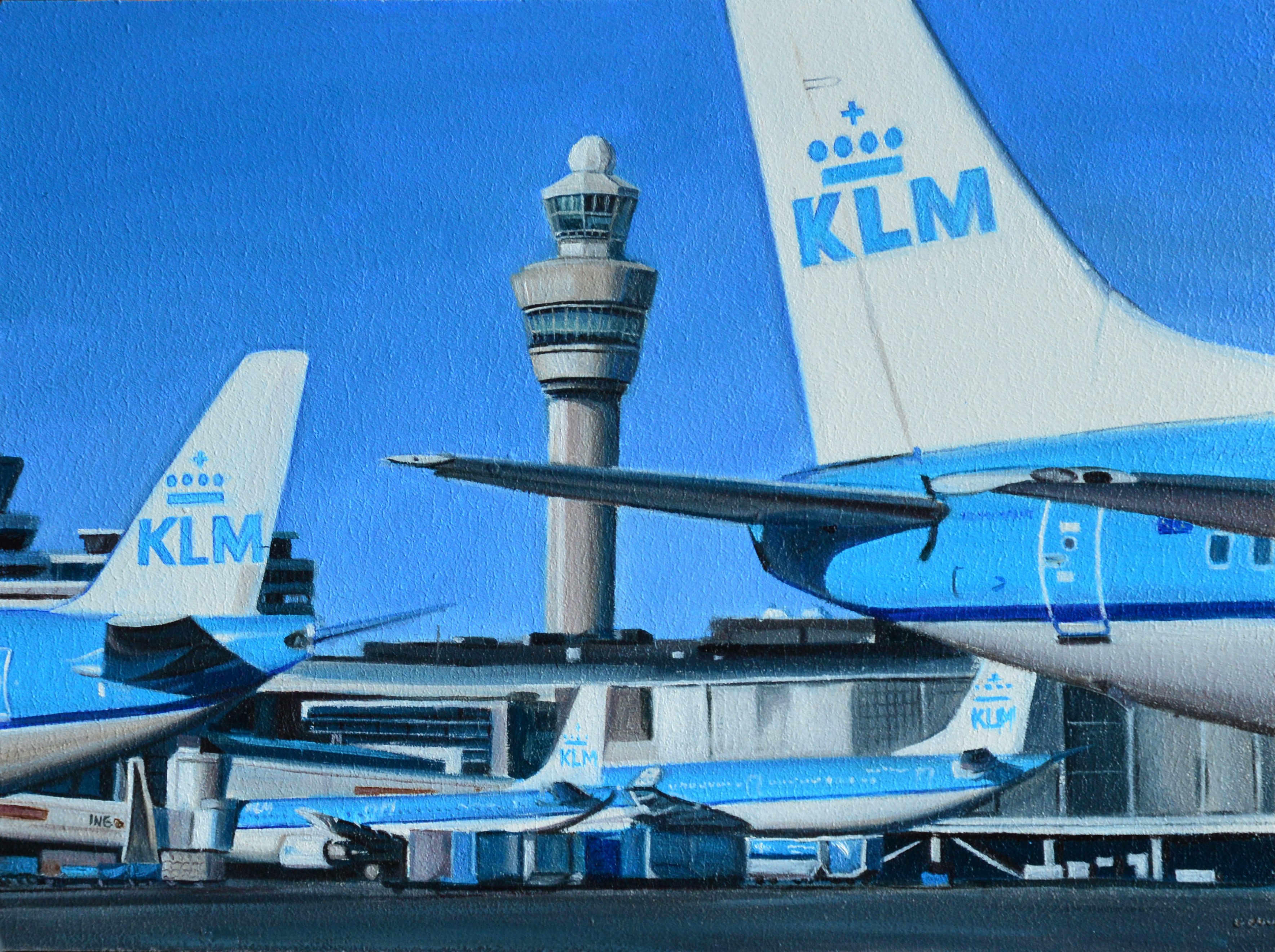 Photorealistic Transport Oil Painting By Roman Sedlak, 9 X 7", Klm - Amsterdam Airport, Original Artwork