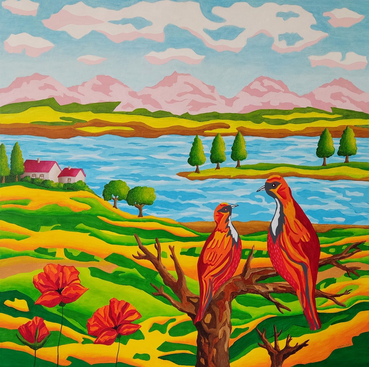 Urban And Pop Landscape Acrylic Painting By Vamosi Peter, 31 X 31", Fairyland 3., Original Artwork