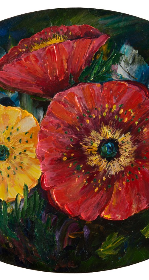 Red and Yellow Poppies Original Oil Painting with Palette Knife by Lena Owens at OLena Art