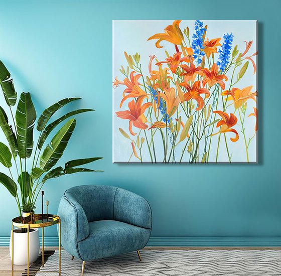 Orange Daylilies, Delphinium