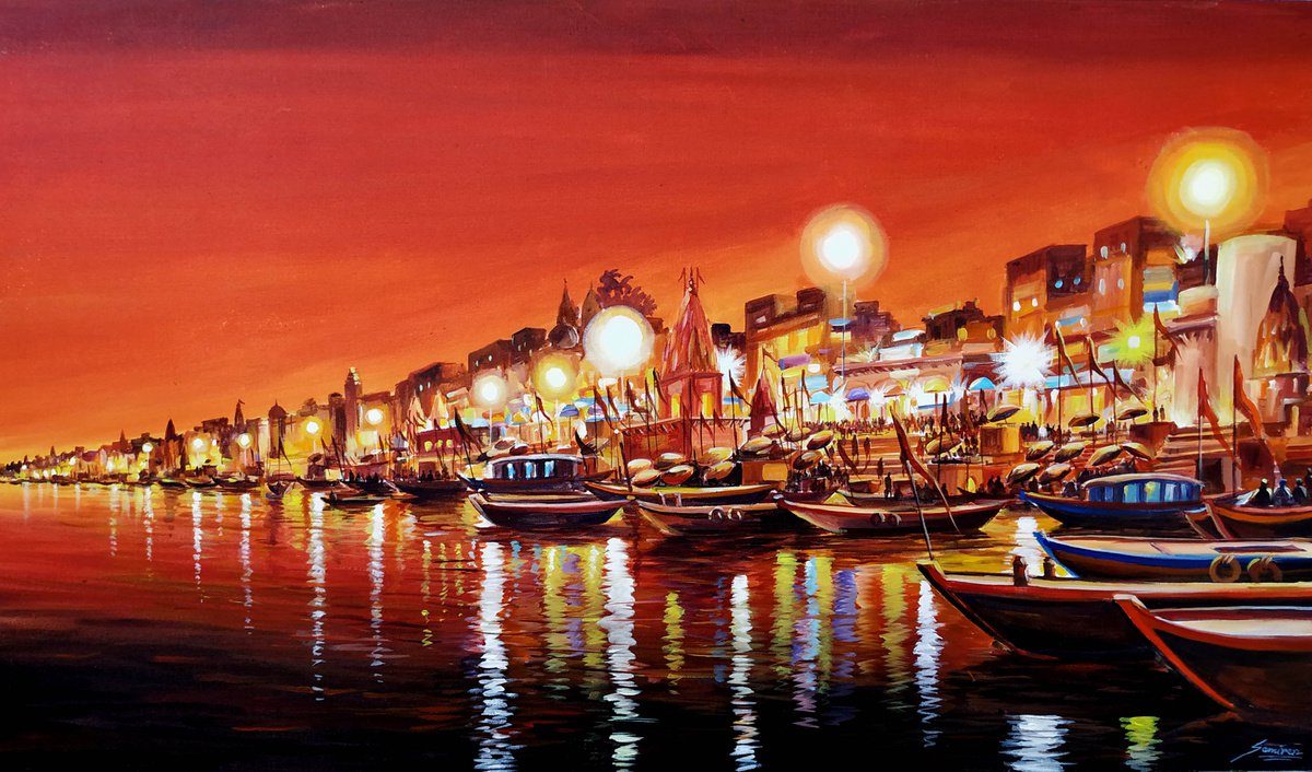 Impressionistic Cityscapes Acrylic Painting By Samiran Sarkar, 45 X 26", Colorful Night Varanasi Ghats, Original Artwork