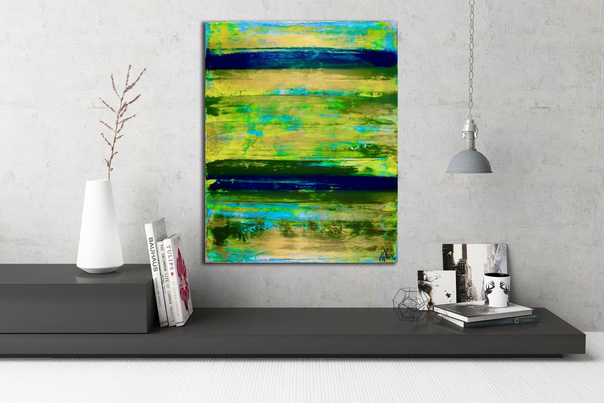 Abstract Acrylic Painting By Nestor Toro, 16 X 20", Green Horizon, Original Artwork