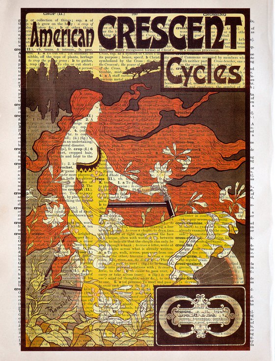 American Crescent Cycles - Collage Art Print on Large Real English Dictionary Vintage Book Page