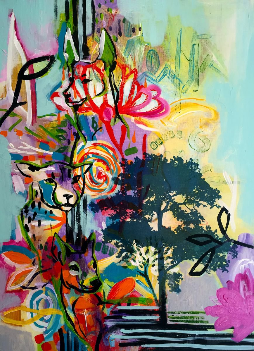 Organic Animal Acrylic Painting By Randi Antonsen, 20 X 28", In To The Mystic, Original Artwork