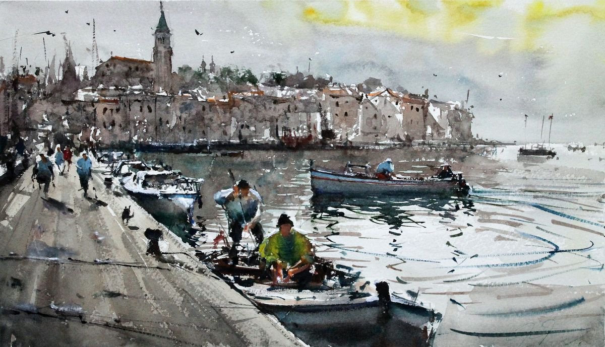 Impressionistic Landscape Watercolour By Maximo Damico, 16 X 9", Preparing For Winter Ii, Original Artwork