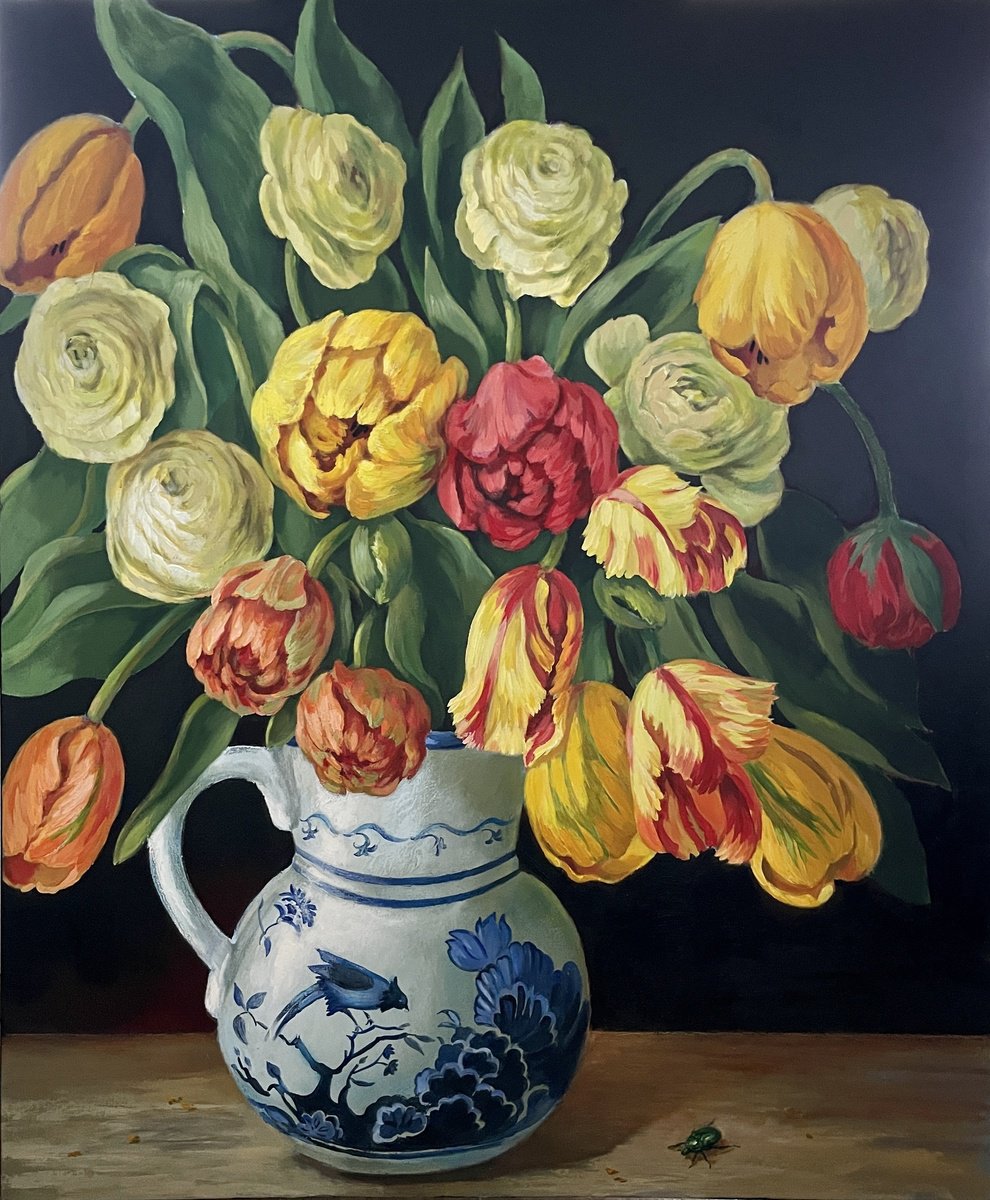 Impressionistic Botanical Acrylic Painting By Anna Reznikova, 39 X 47, Spring Bouquet With Beetle, Original Artwork