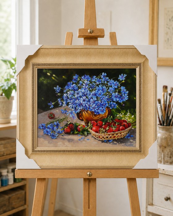 Blue Cornflowers with Strawberries