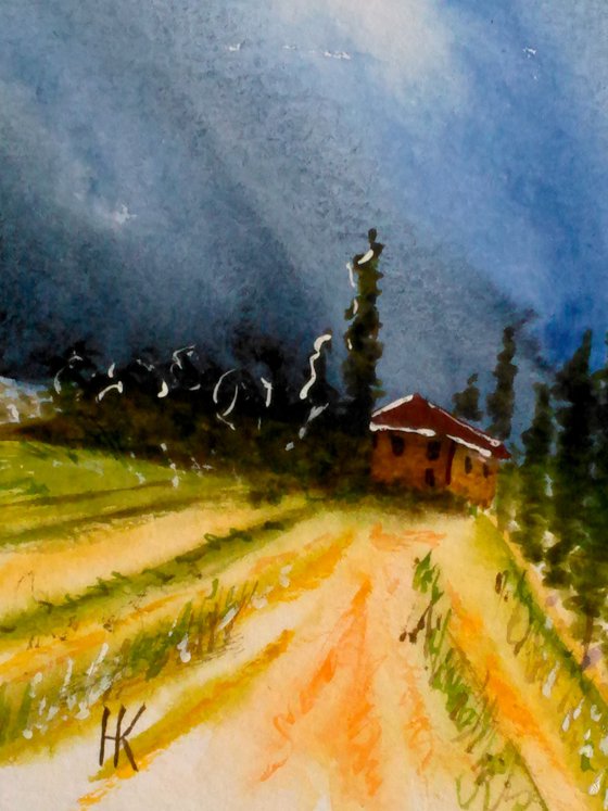 Tuscany Painting Landscape Original Art Poplar Trees Watercolor Artwork Farm House Small Home Wall Art