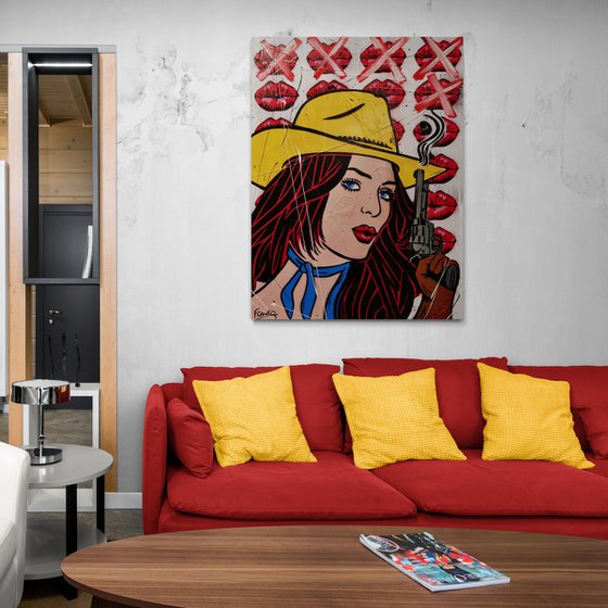 Pucker Up Cowboy 75cm x 100cm Cowgirl Textured Urban Pop Art